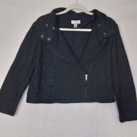 LOFT Casual Off Center Zip Knit Jacket Blazer Size Small Petite in Black, White - Picture 3 of 10